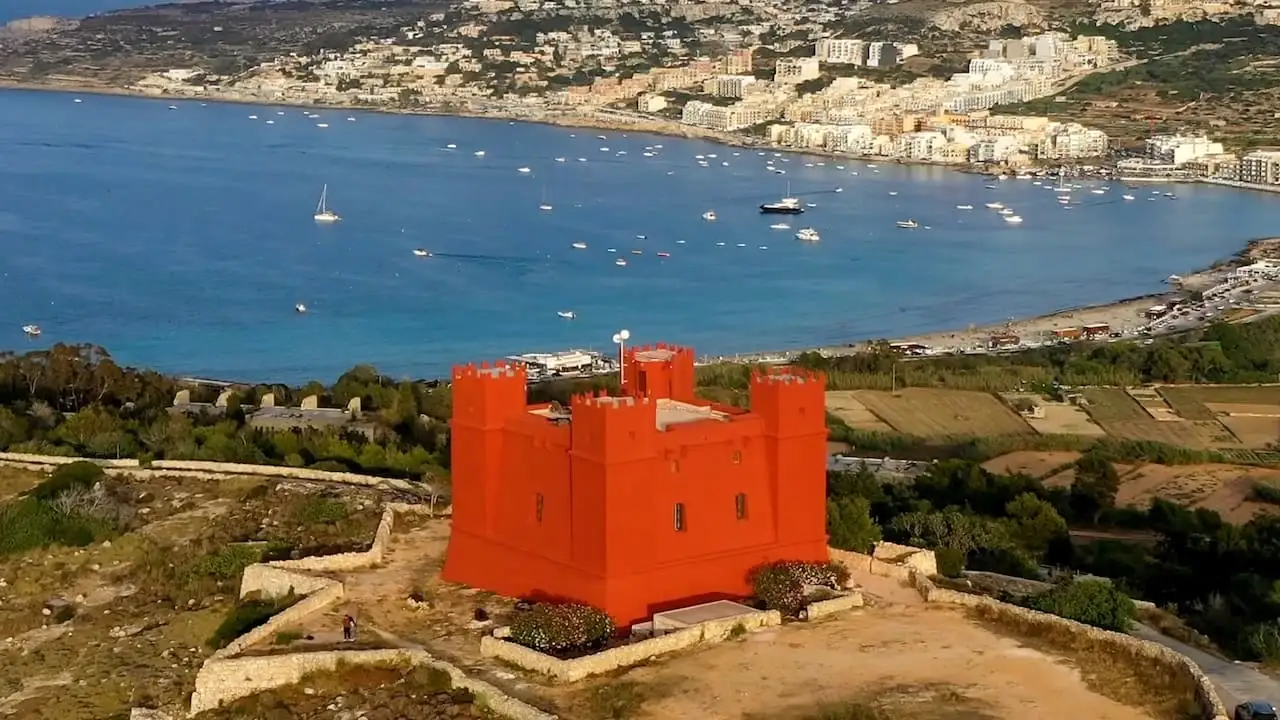 View of the red tower St. Agatha's Tower in Malta